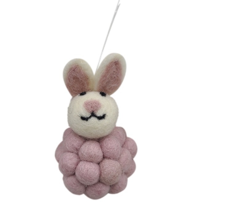 Påskhänge, påskhare Pom-Pom, i vintage-rosa, tovad i Nepal. Fair Trade.