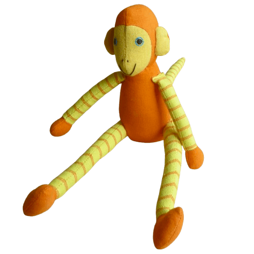 Sittande apa i tyg, tygleksak och maskot.Orange-gul.Armar och ben är gula med orange ränder. Pigg och charmig. Doppresent, maskot. Fair Trade.