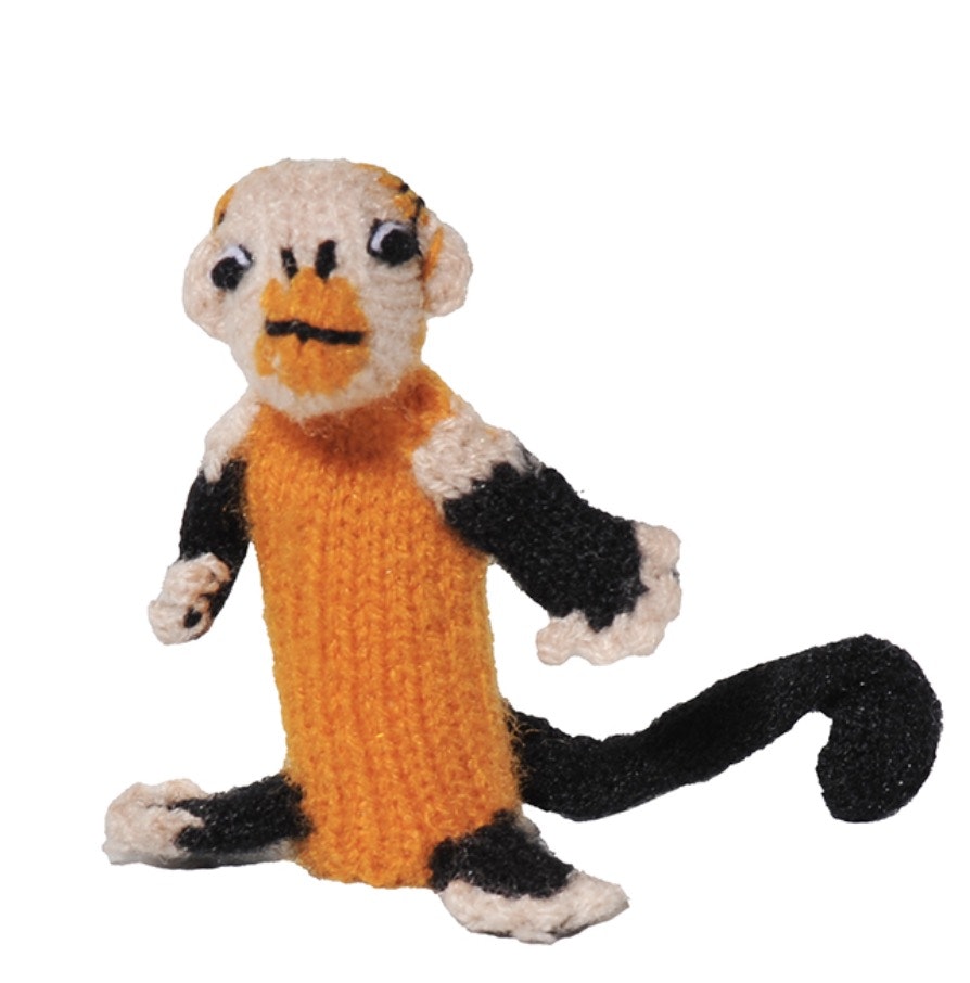 Fingerdocka, Apa, Rödbukad markatta, handstickad i Peru för Fair Trade.
