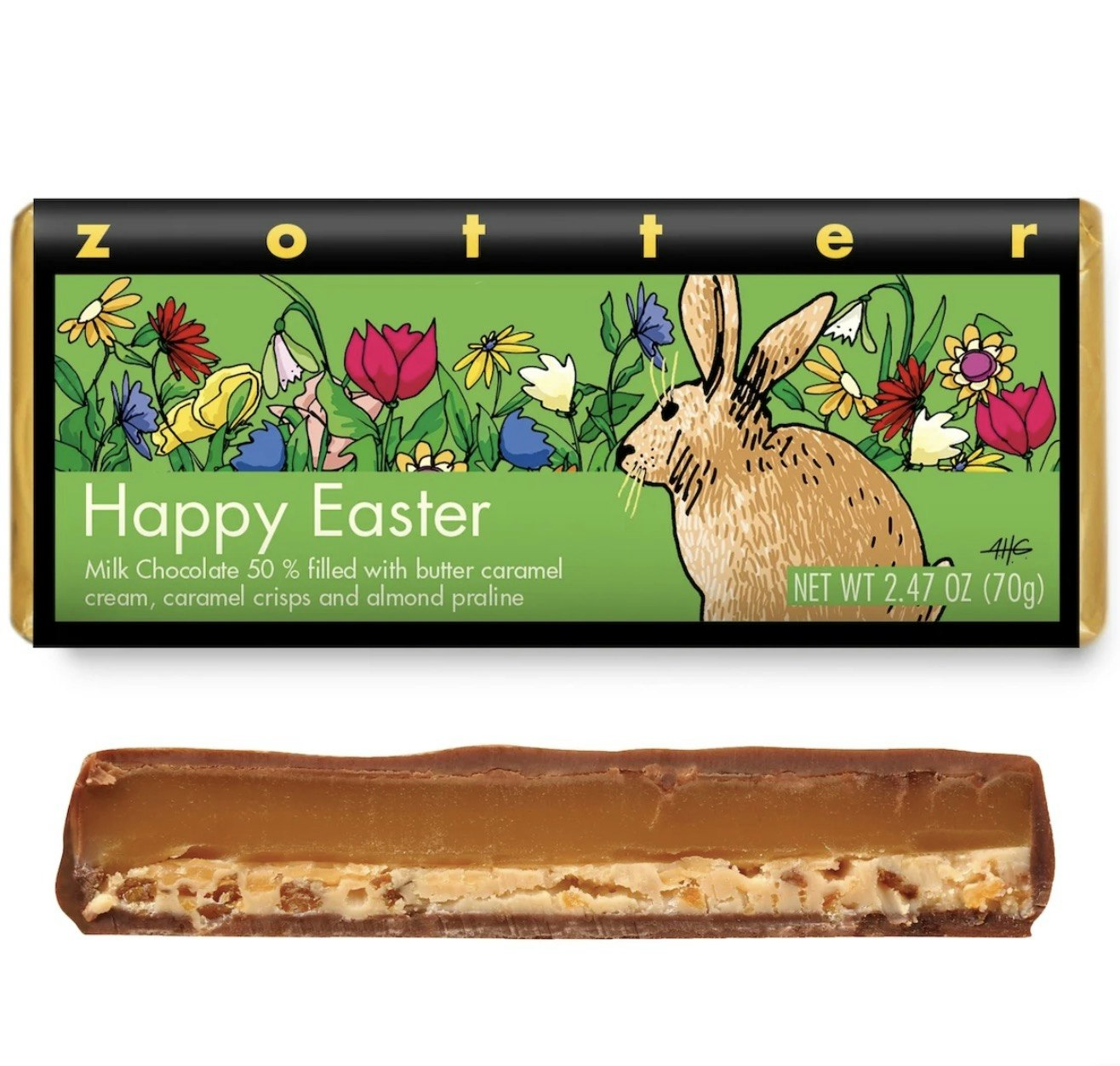 Zotter Happy Easter, påsk, mjölkchoklad med karamellkräm och mandelpralin. Omslag visar hare framför blomsteräng. Fair Trade.