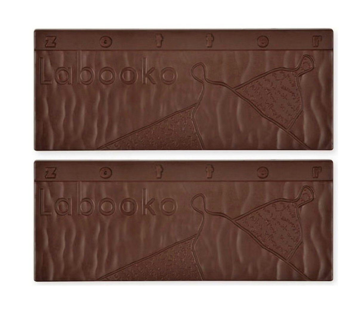 Zotter Labooko,  2 chokladkakor, 80% kakao och 20% mjölk, sockerfri, ekologisk, glutenfri. Bild chokladkakor utan omslag.