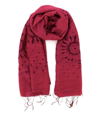 Sjal, scarf, bomull/siden, Blommor, röd