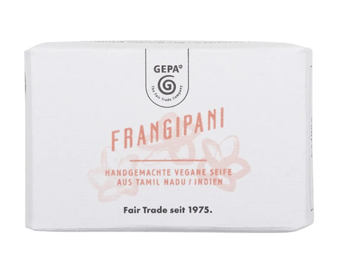 Tvål, Frangipani, fast & vegetabilisk, vegansk, doft av tempelblomman, västindisk jasmin. Fair Trade.