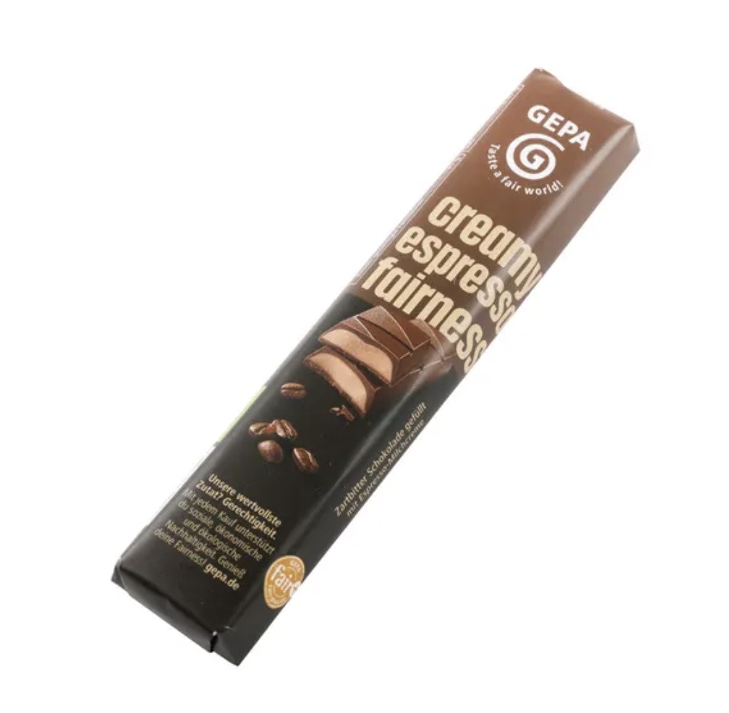 Chokladbar Espresso i mörk choklad. Smakrik krämig fyllning. Ekologiska och Fair Trade-ingredienser.