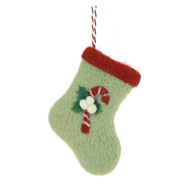 Julhänge Liten ljusgrön julstrumpa, tovad. Med julmotiv, polkastång. Till granen eller julklapp. Fair Trade Nepal.