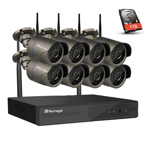 Techage 1080p HD Övervakningssystem 8st trådlösa IP-kameror Wi-fi NVR-kit+1TB