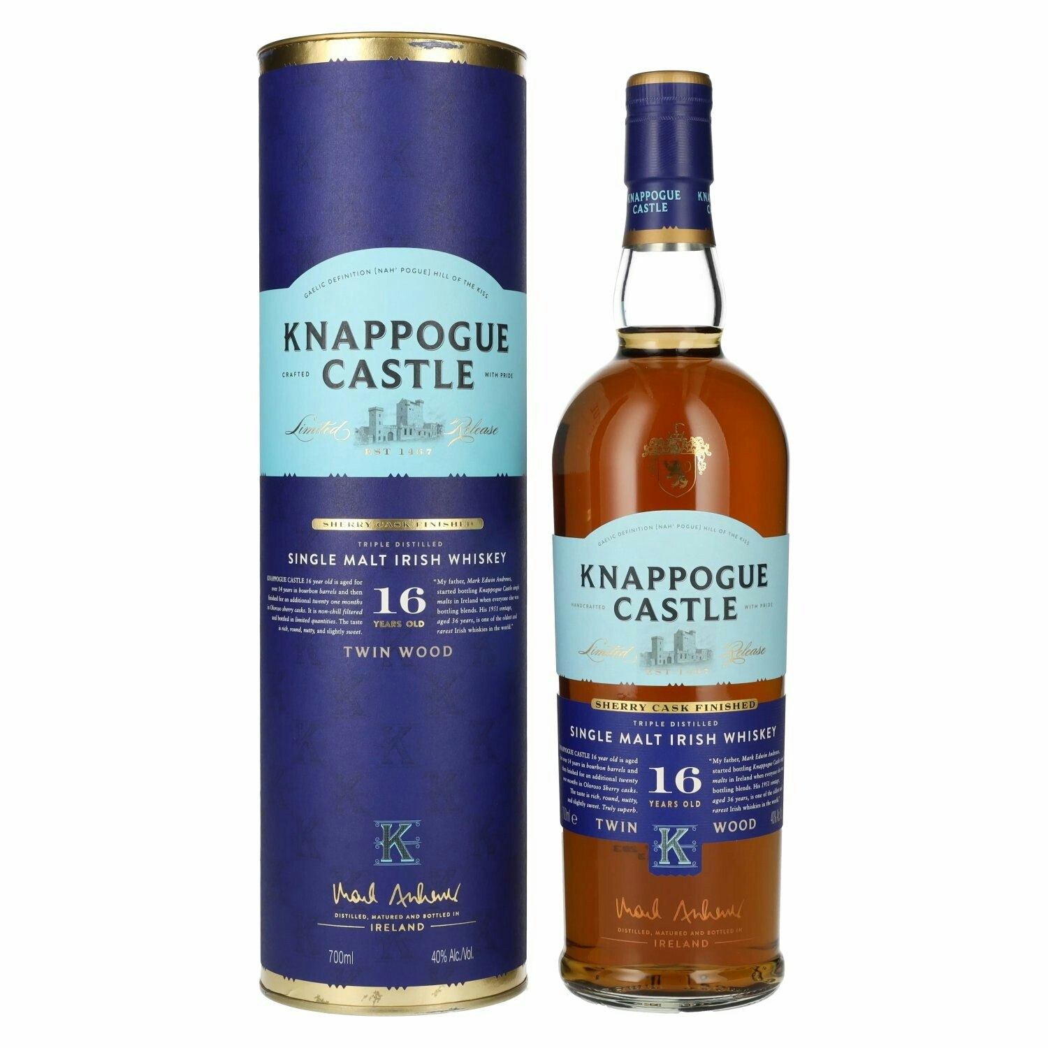 Knappogue Castle 16 Years Old TWIN WOOD SHERRY CASK FINISHED 40% Vol. 0,7l in Giftbox