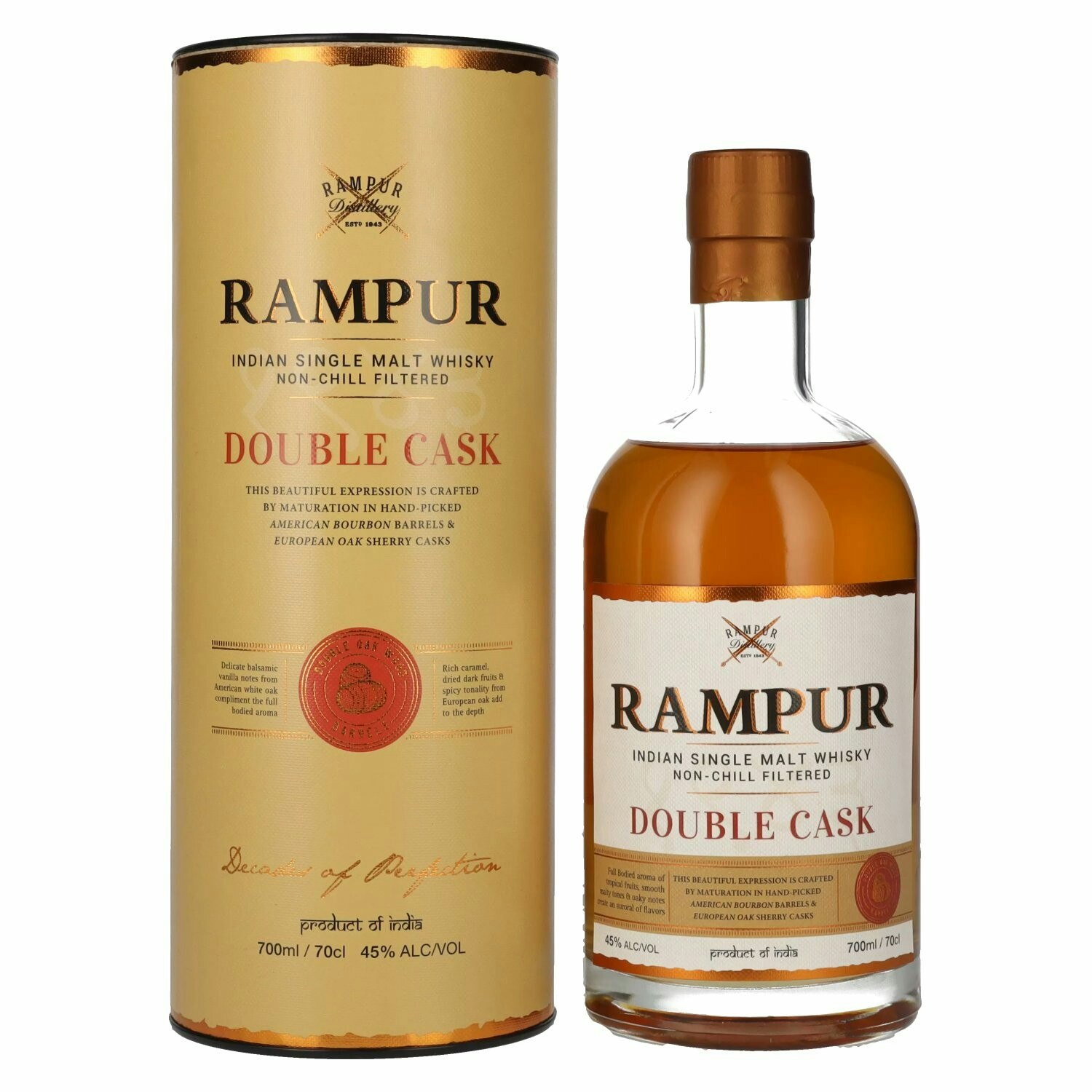 Rampur DOUBLE CASK Indian Single Malt Whisky 45% Vol. 0,7l in Giftbox