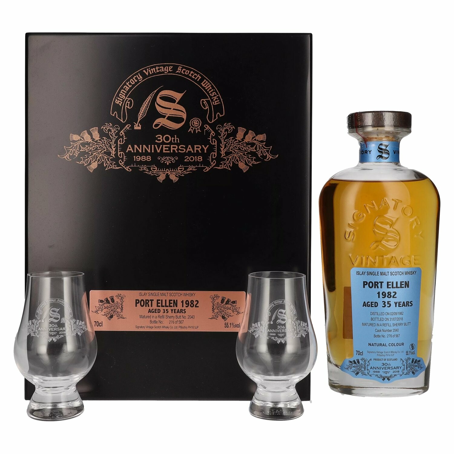 Signatory Vintage PORT ELLEN 35 Years Old 30th ANNIVERSARY 1982 55,1% Vol. 0,7l in Holzkiste with 2 glasses
