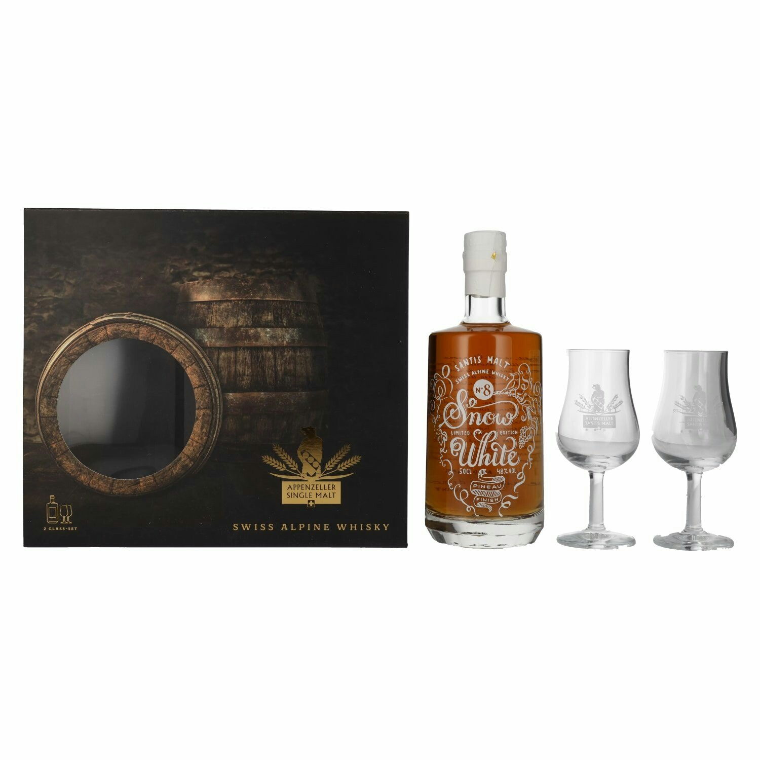 Säntis Malt SNOW WHITE Single Malt PINEAU FINISH ? 8 48% Vol. 0,5l in Giftbox with 2 glasses