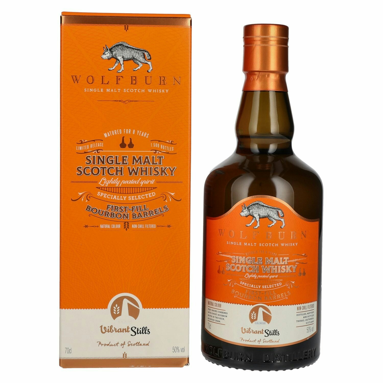 Wolfburn VIBRANT STILLS 8 Years Old Specially Selected First-Fill Bourbon Barrels 50% Vol. 0,7l in Giftbox