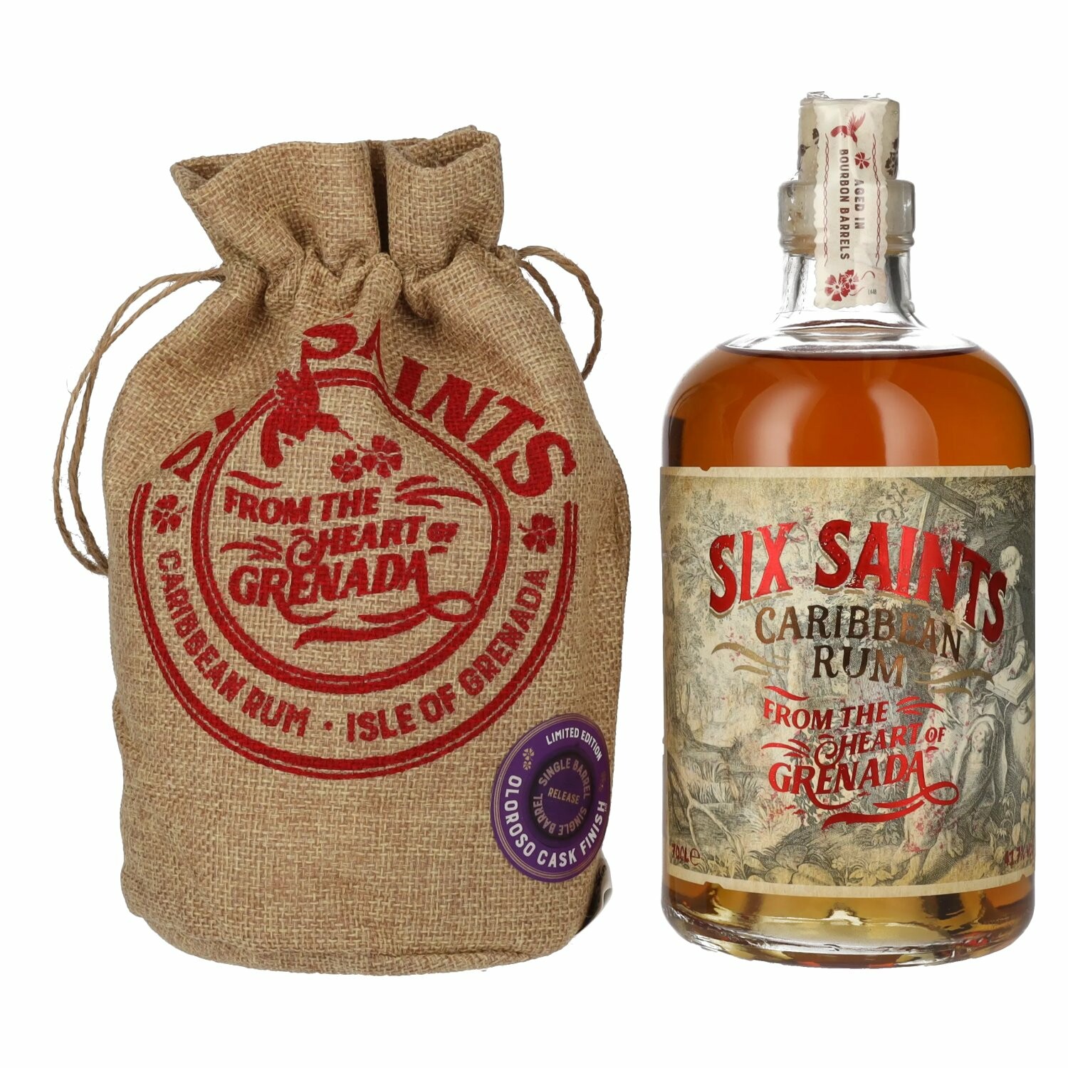 Six Saints Caribbean Rum OLOROSO Cask Finish Limited Edition 41,7% Vol. 0,7l im Leinensackerl