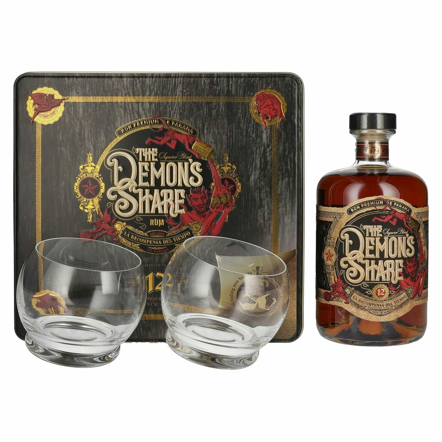 The Demon's Share Superior Blend Rum 12 Years Old 41% Vol. 0,7l in Tinbox with 2 glasses