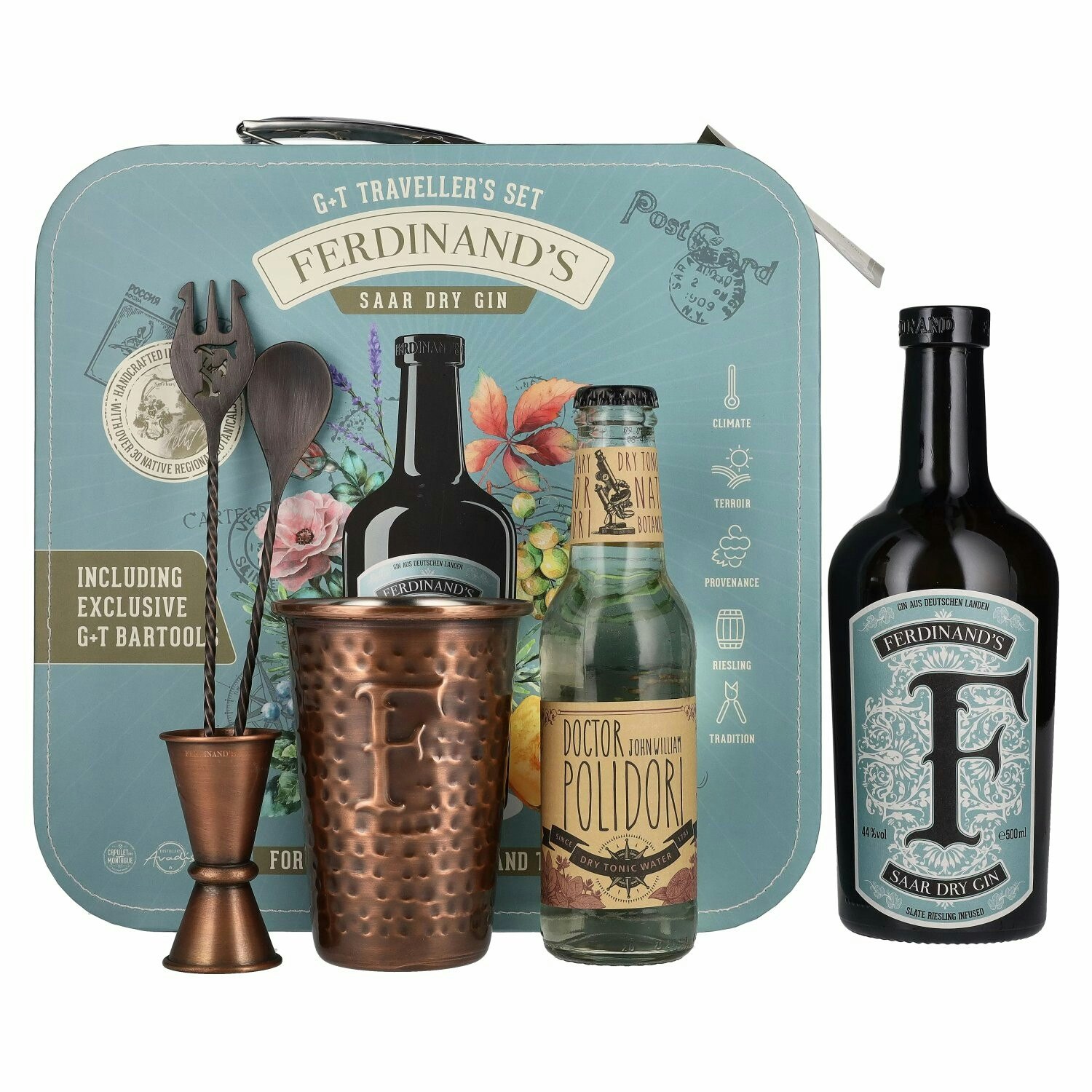 Ferdinand's Traveller Set 44% Vol. 0,5l in Giftbox with Tonic and Barzubehör