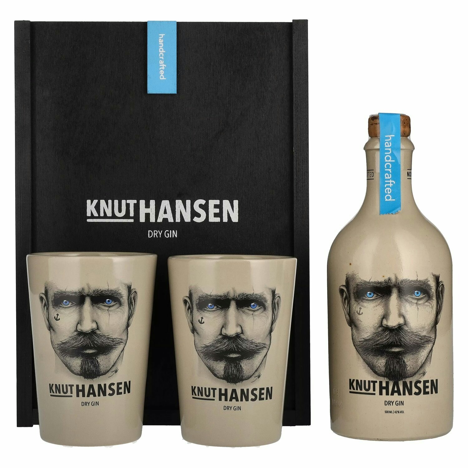 Knut Hansen Dry Gin 42% Vol. 0,5l in Holzkiste with 2 Keramiktassen