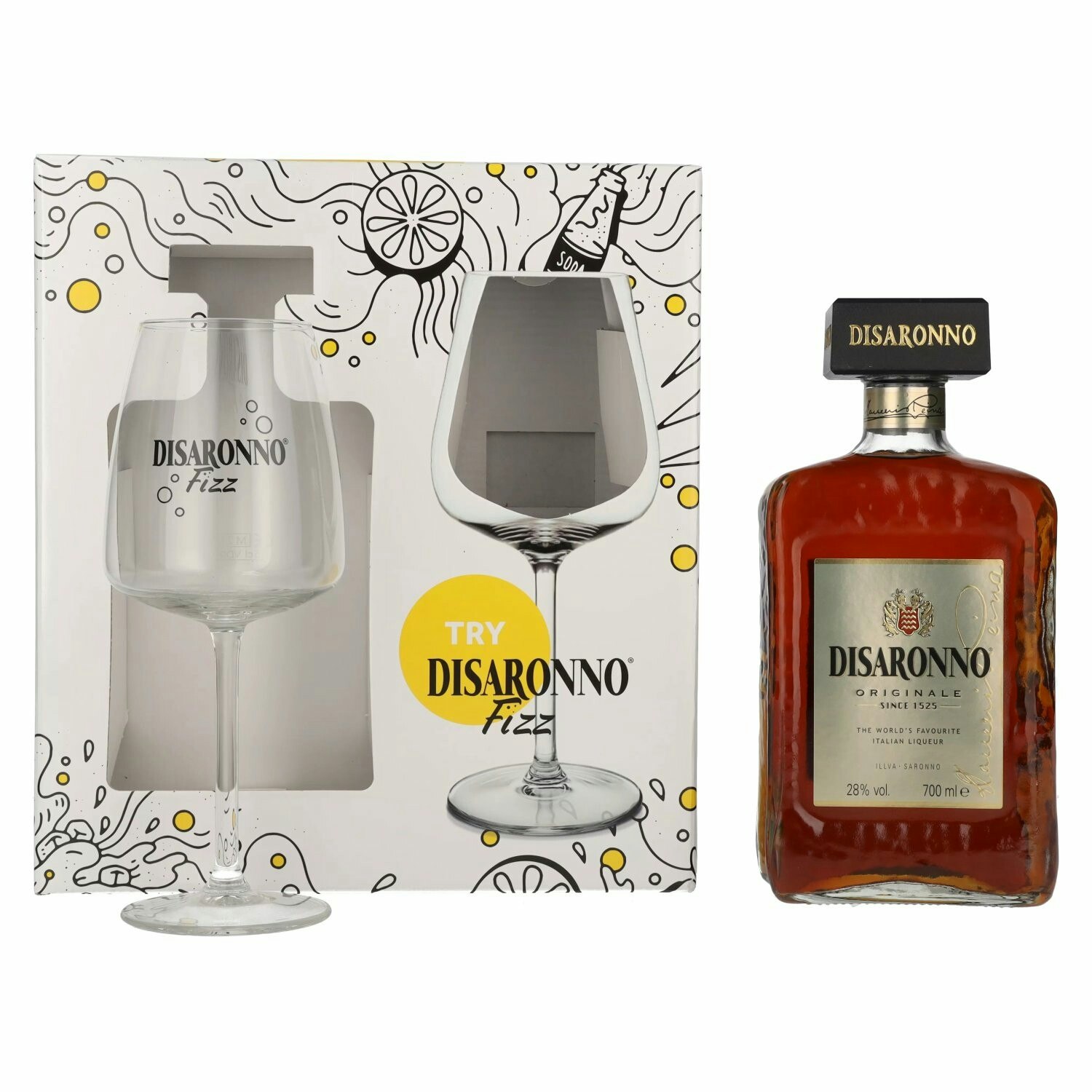 Disaronno Originale 28% Vol. 0,7l in Giftbox with Fizz glass