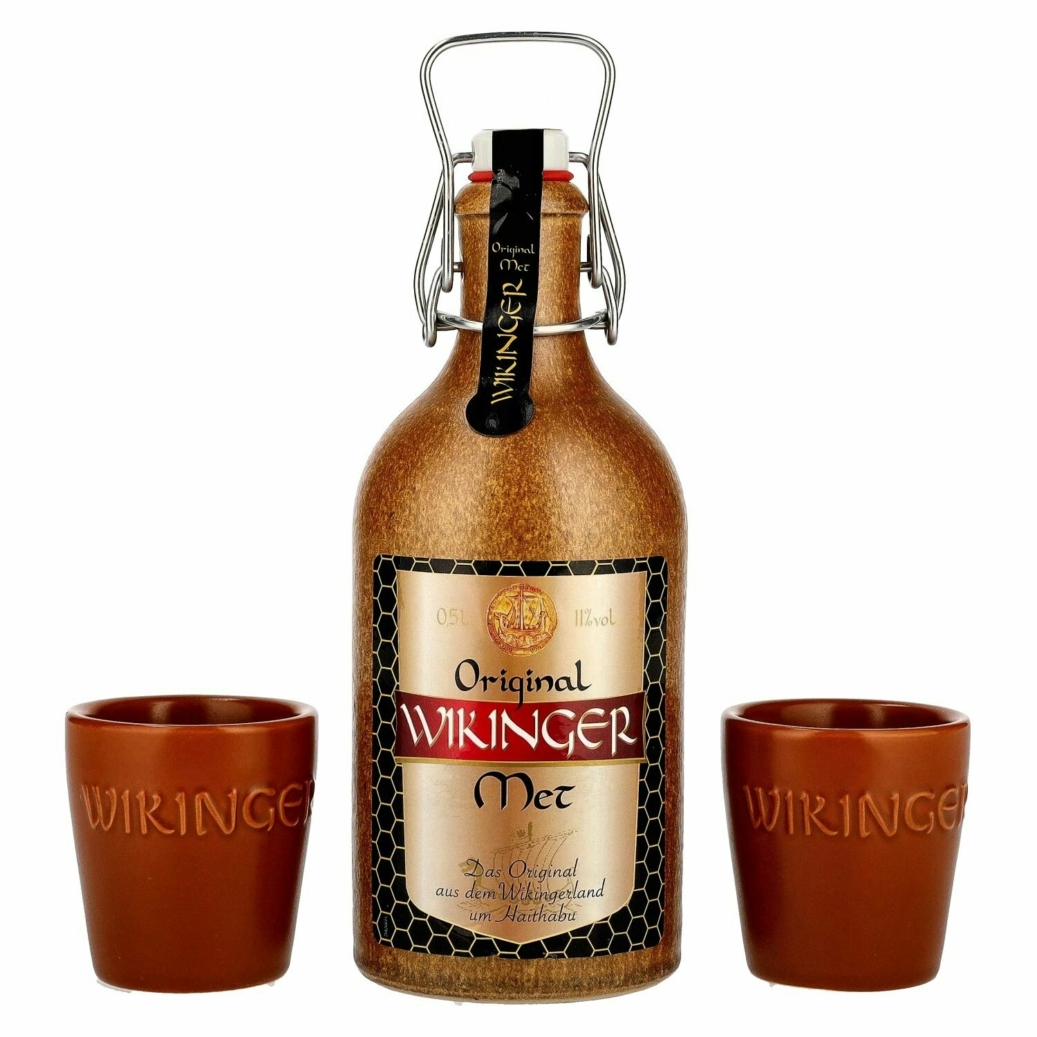 Wikinger Met Original im Tonkrug 11% Vol. 0,5l with 2 Tonbechern