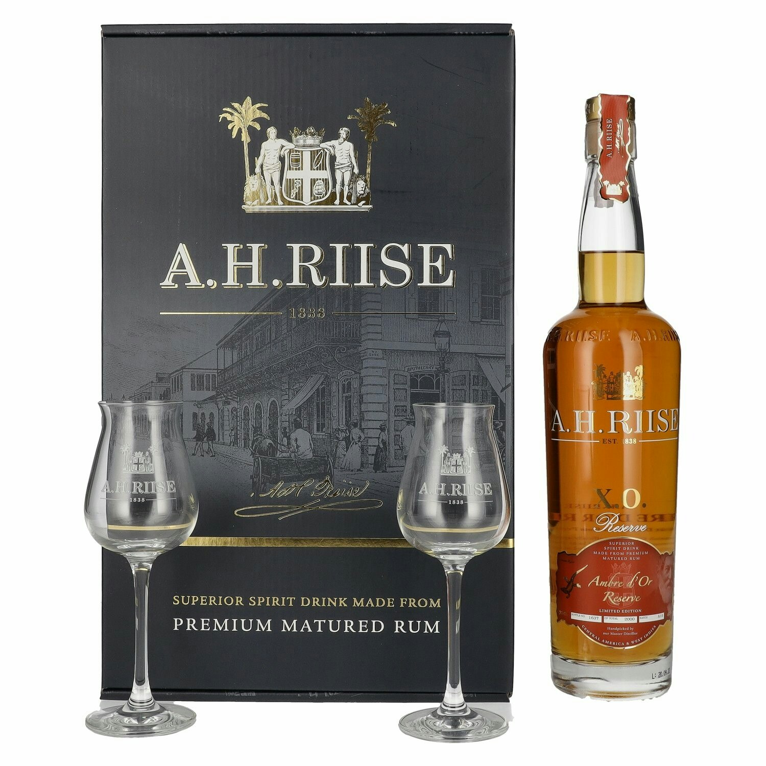 A.H. Riise X.O. Reserve Ambre d'Or Reserve 42% Vol. 0,7l in Giftbox with 2 glasses