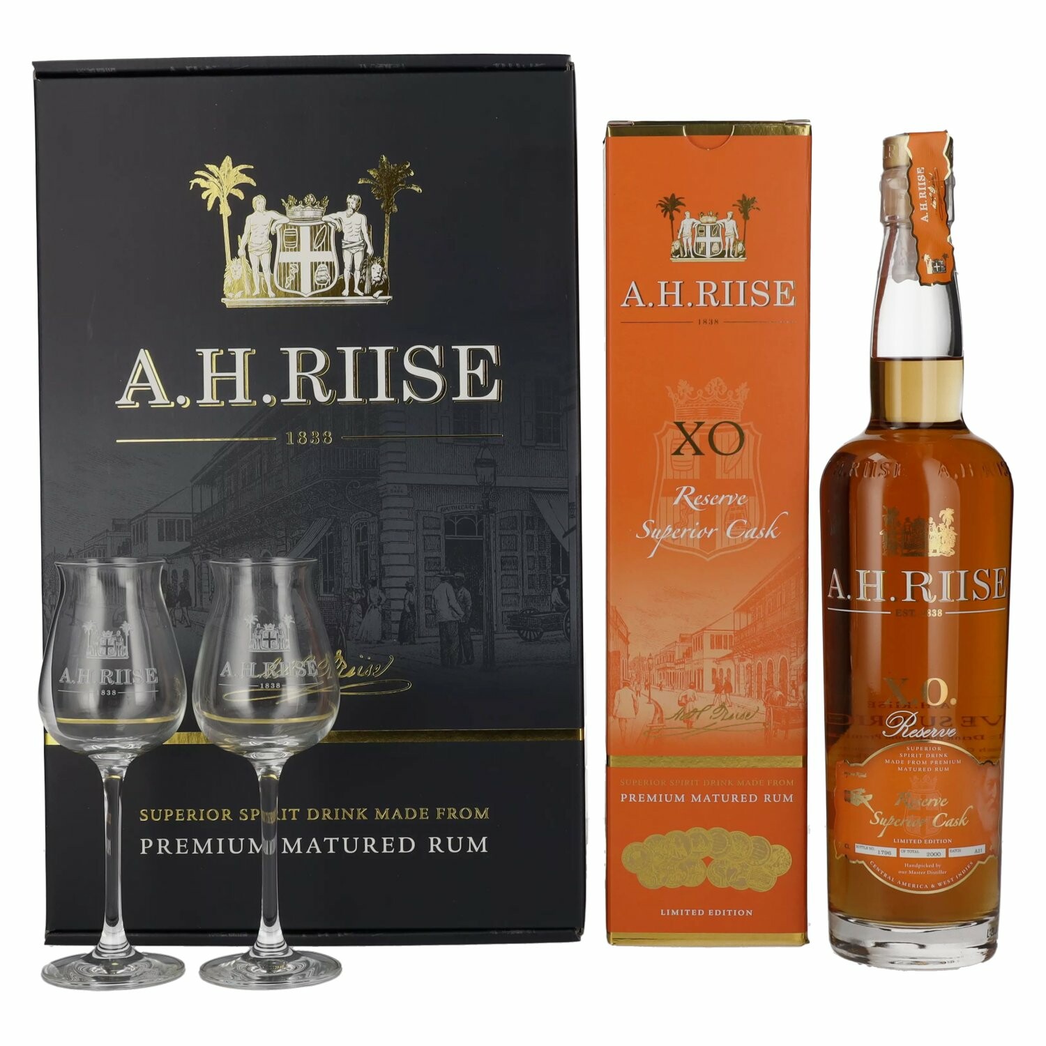 A.H. Riise X.O. Reserve Superior Cask 40% Vol. 0,7l in Giftbox with 2 glasses