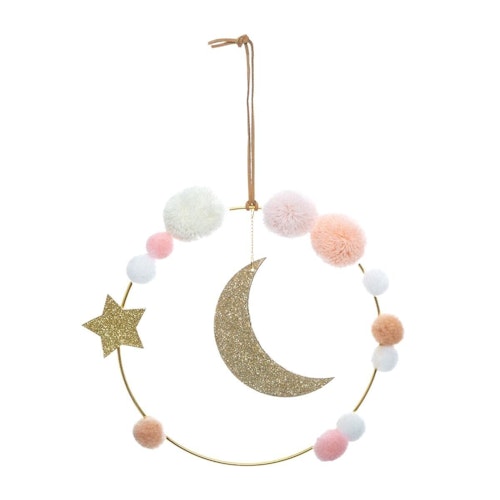Veggdekorasjon glitter måne med pompom