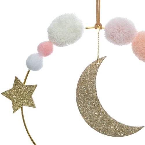 Veggdekorasjon glitter måne med pompom