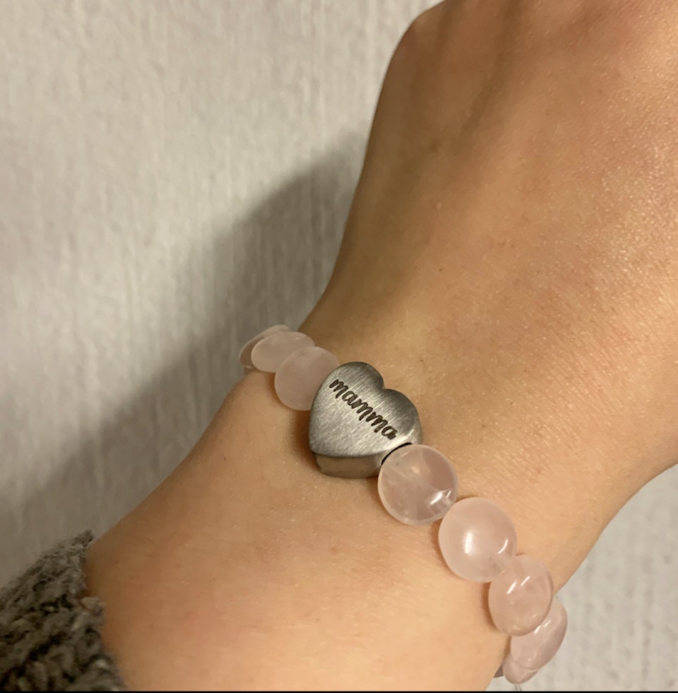 Armband - rosenkvarts med rostfritt hjärta