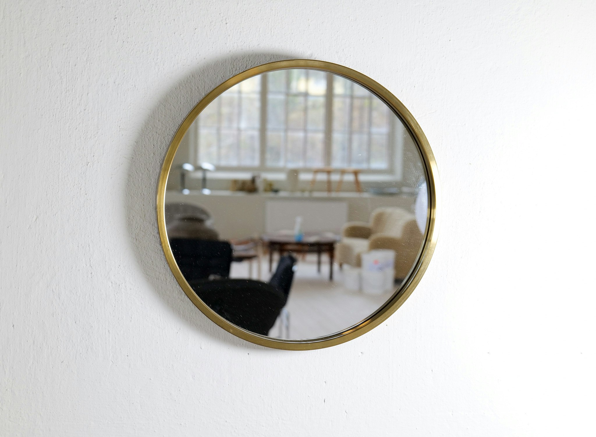 Midcentury Modern Rounded Brass Mirror by Glasmäster in Markaryd, Sweden, 1960s