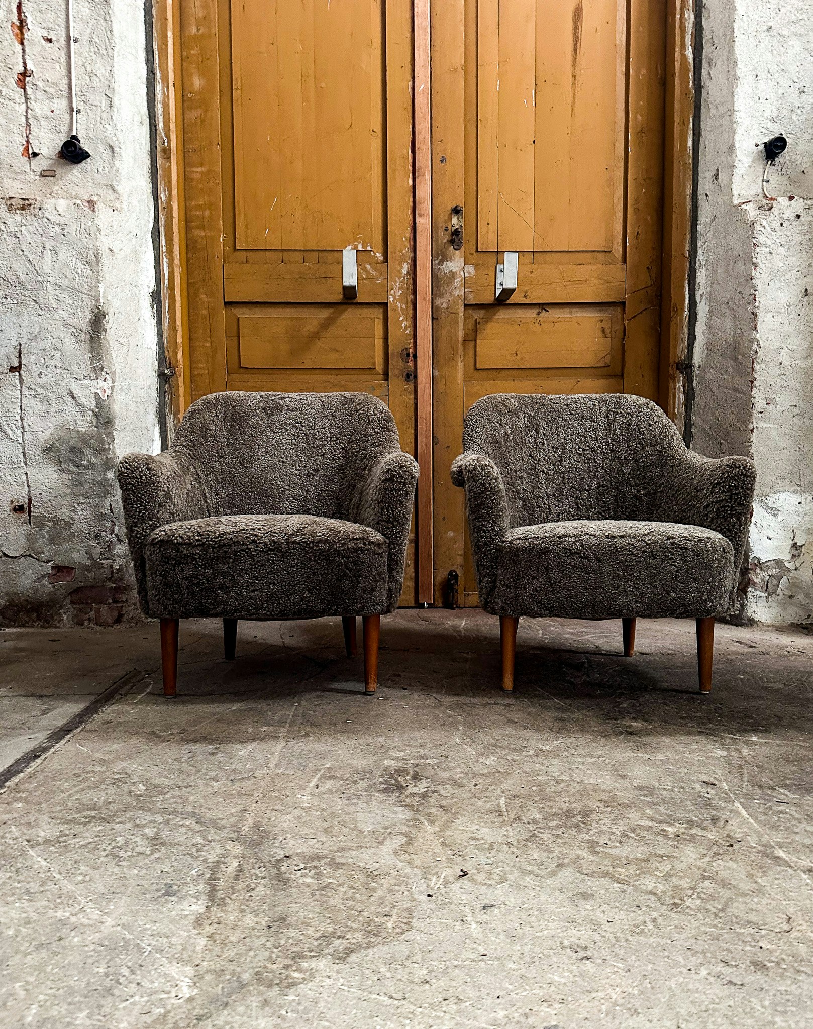 Midcentury Modern Sheepskin/Shearling Carl Malmsten Model Samspel Lounge Chairs