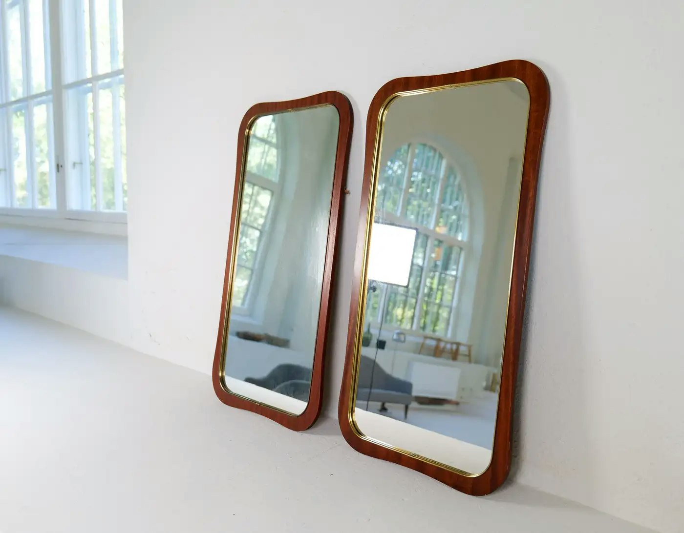 Midcentury Modern Pair of Wood and Brass Mirrors Sweden 1950s