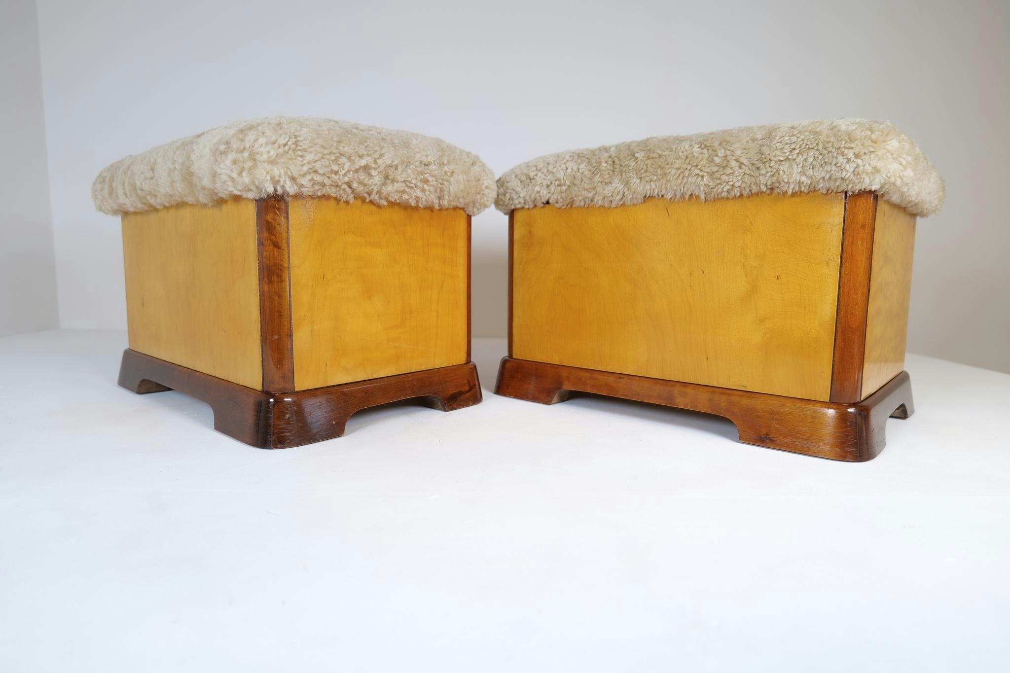 Swedish Art Deco Stools in Lacquered Birch and Sheepskin/Shearling Seat 1940s