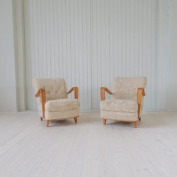 Swedish Modern Lounge Chairs in Shearling / Sheepskin and Elm, 1940s
