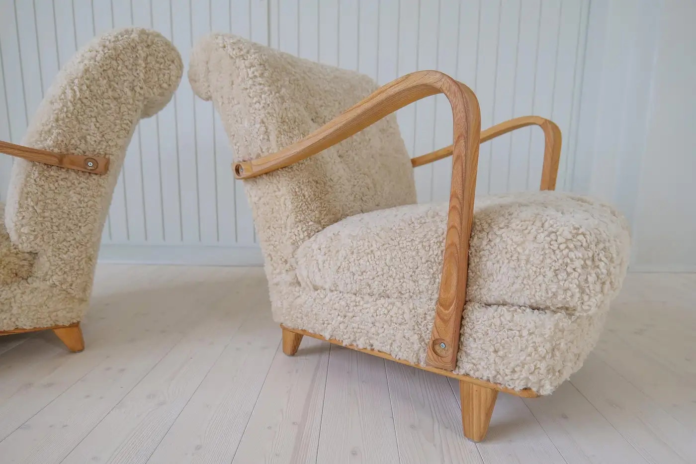Swedish Modern Lounge Chairs in Shearling / Sheepskin and Elm, 1940s