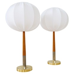 Swedish Midcentury Table Lamps in Brass, Teak and Cotton Shades "Boréns" 1960s