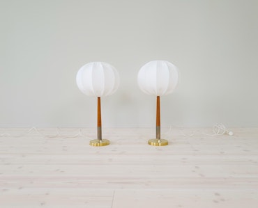 Swedish Midcentury Table Lamps in Brass, Teak and Cotton Shades "Boréns" 1960s