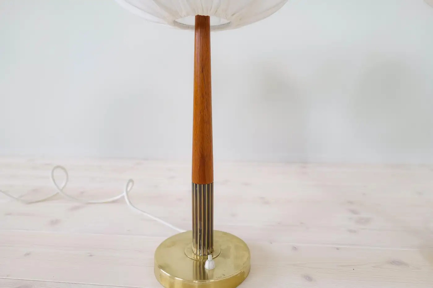 Swedish Midcentury Table Lamps in Brass, Teak and Cotton Shades "Boréns" 1960s