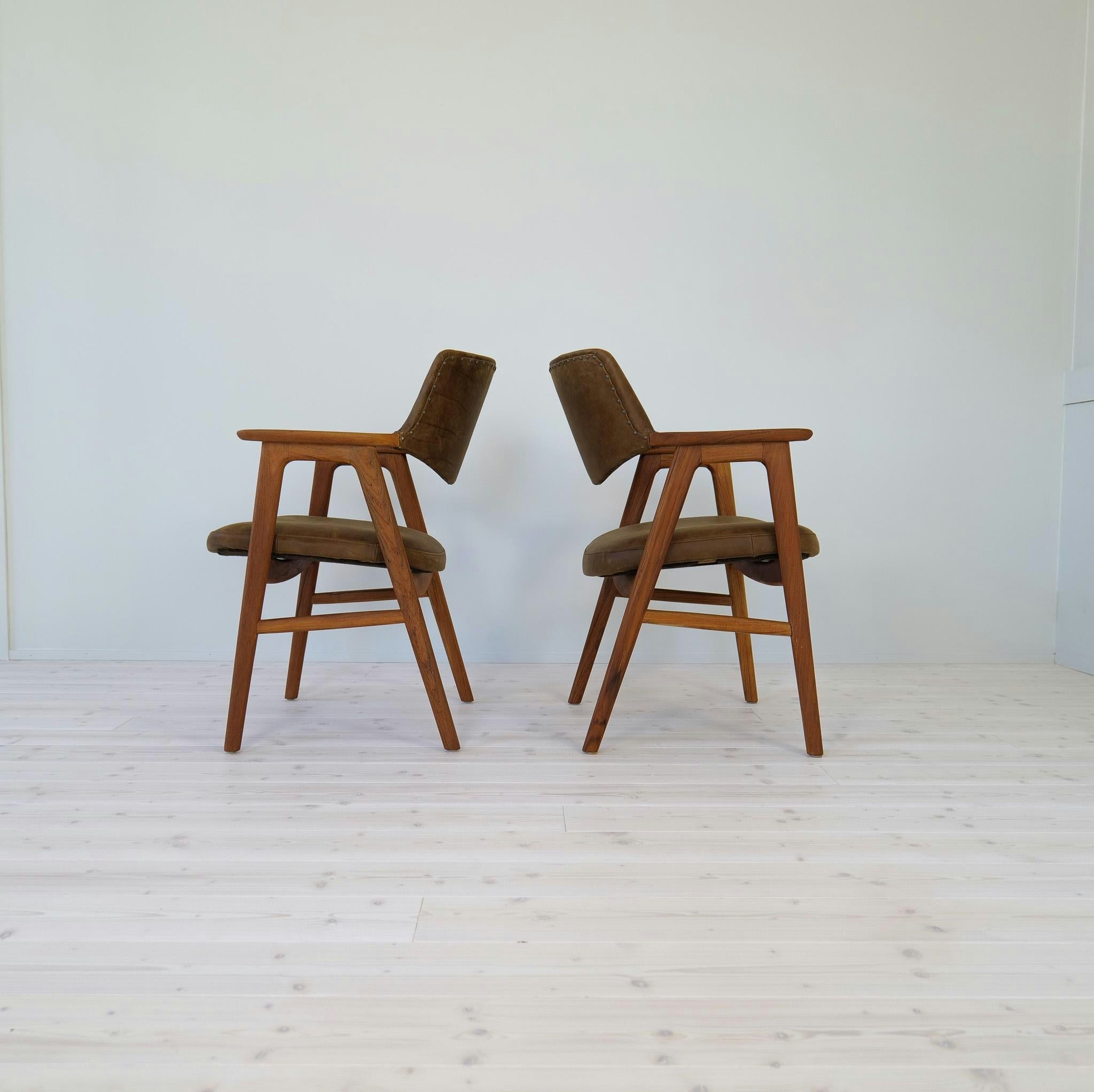 Midcentury Modern Erik Kirkegaard Danish Teak and Leather Desk Chairs, 1960s