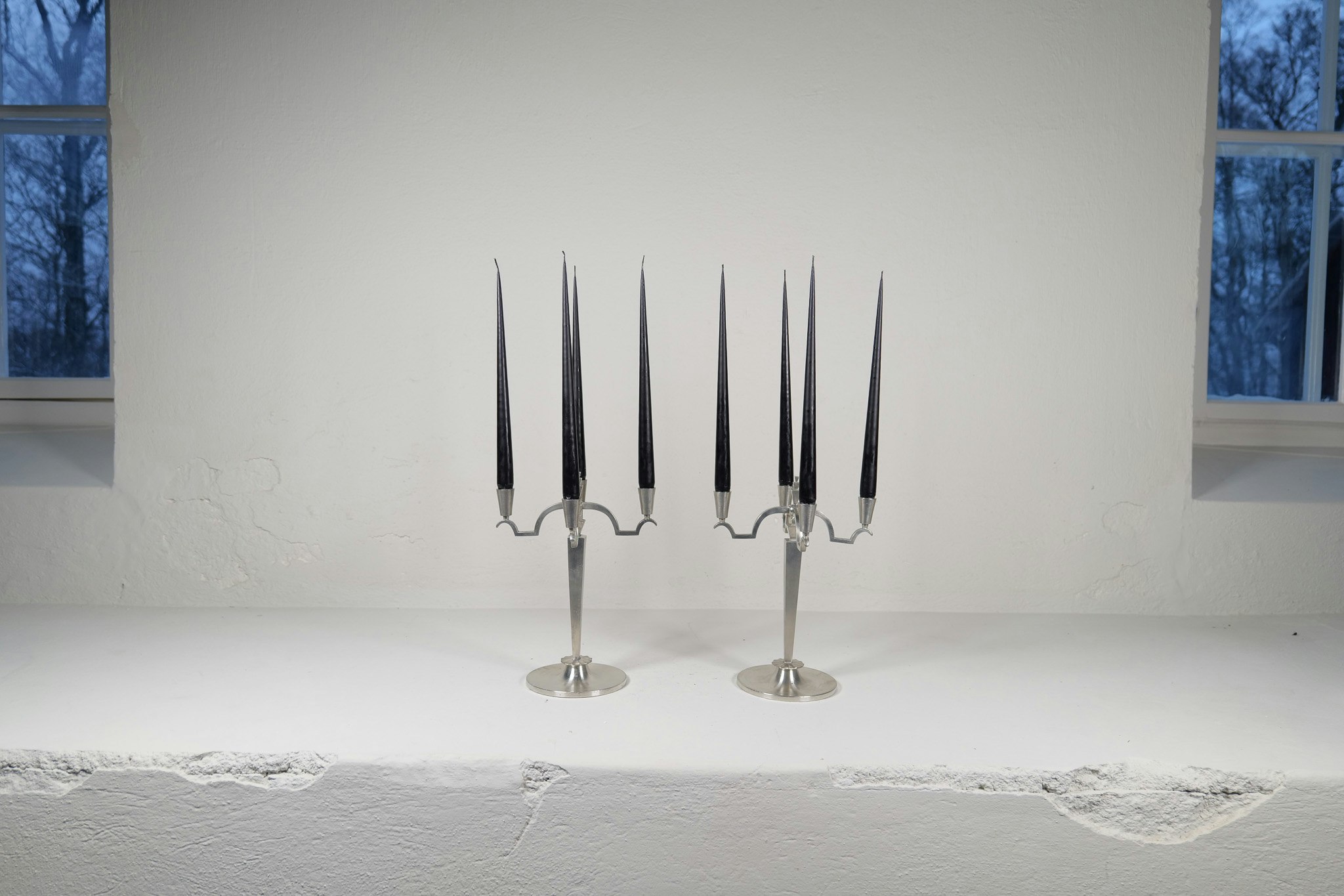 Art Deco Sculptural Set of Candelabras in Pewter, Sweden, 1940s