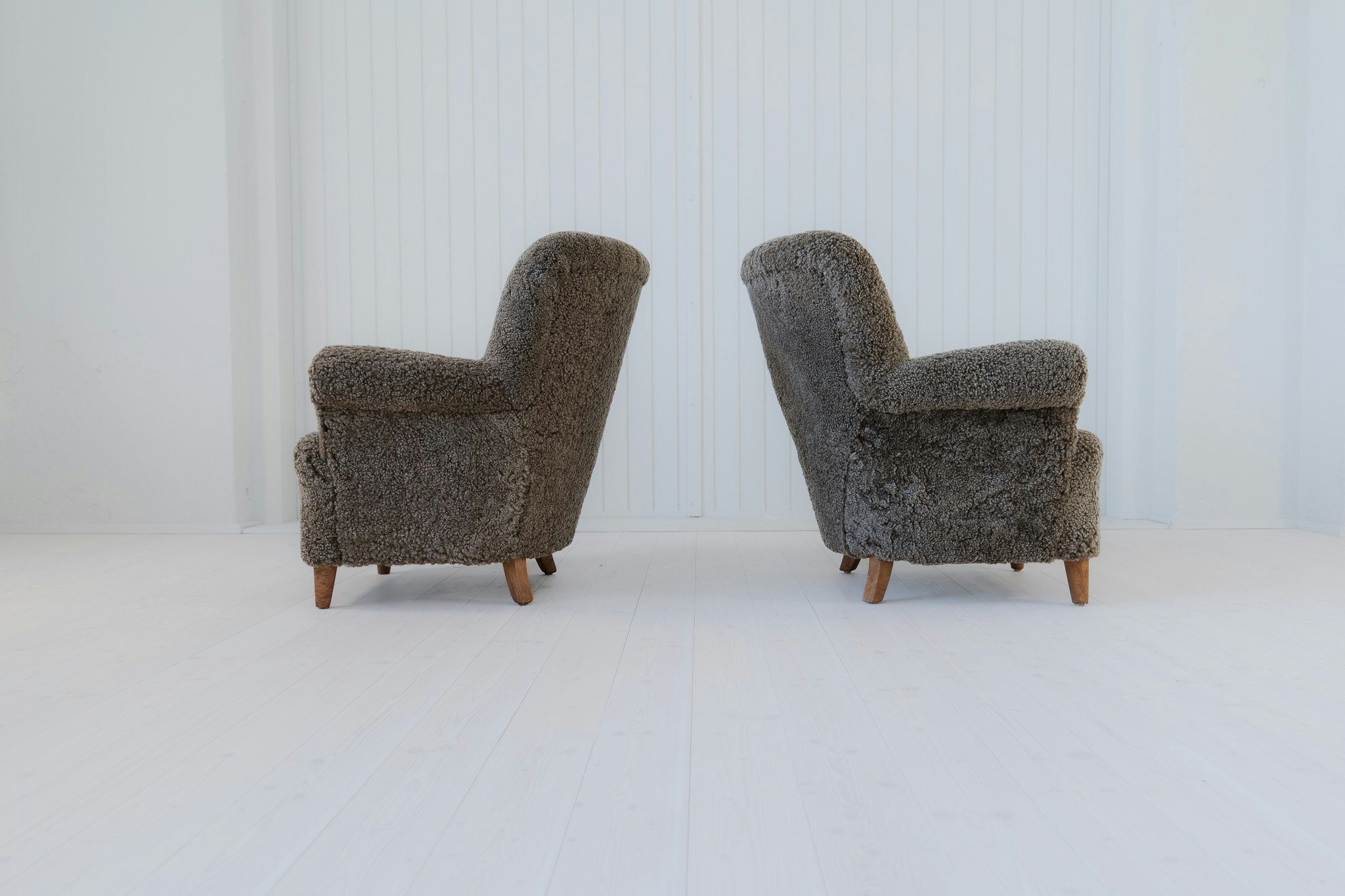 Scandinavian Modern Lounge Chairs in Grey/Black Sheepskin Shearling Sweden, 1940