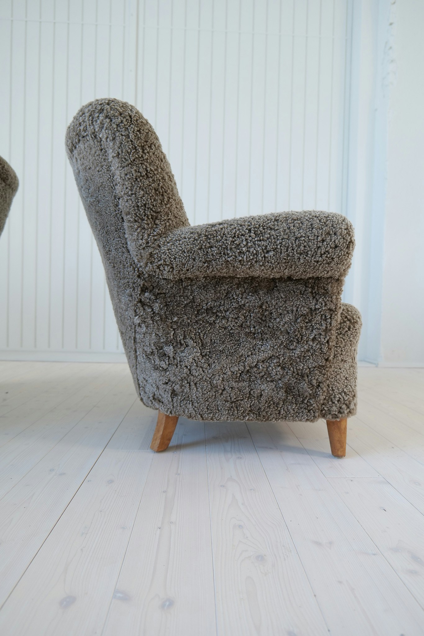 Scandinavian Modern Lounge Chairs in Grey/Black Sheepskin Shearling Sweden, 1940