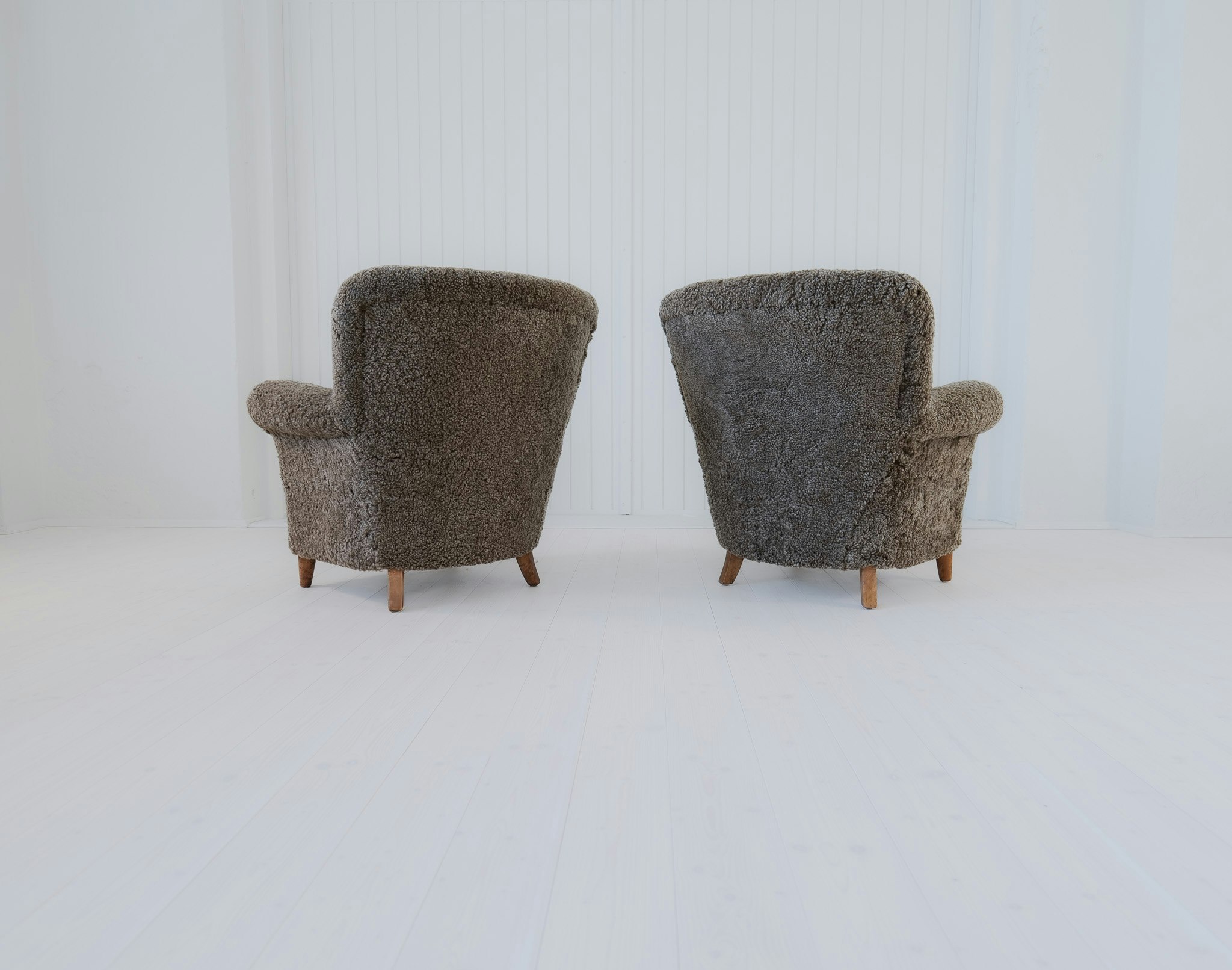 Scandinavian Modern Lounge Chairs in Grey/Black Sheepskin Shearling Sweden, 1940