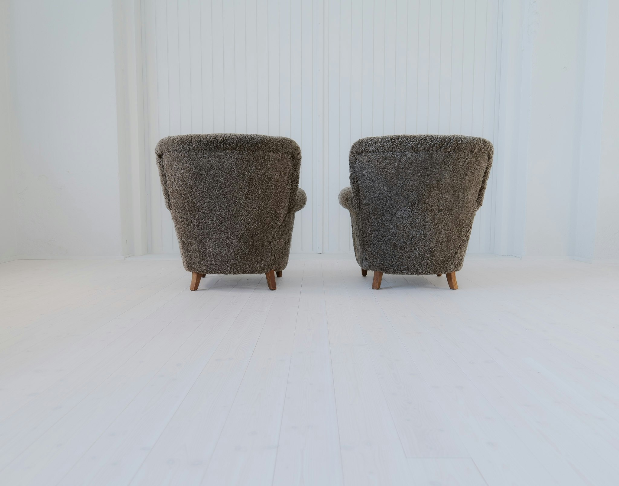 Scandinavian Modern Lounge Chairs in Grey/Black Sheepskin Shearling Sweden, 1940