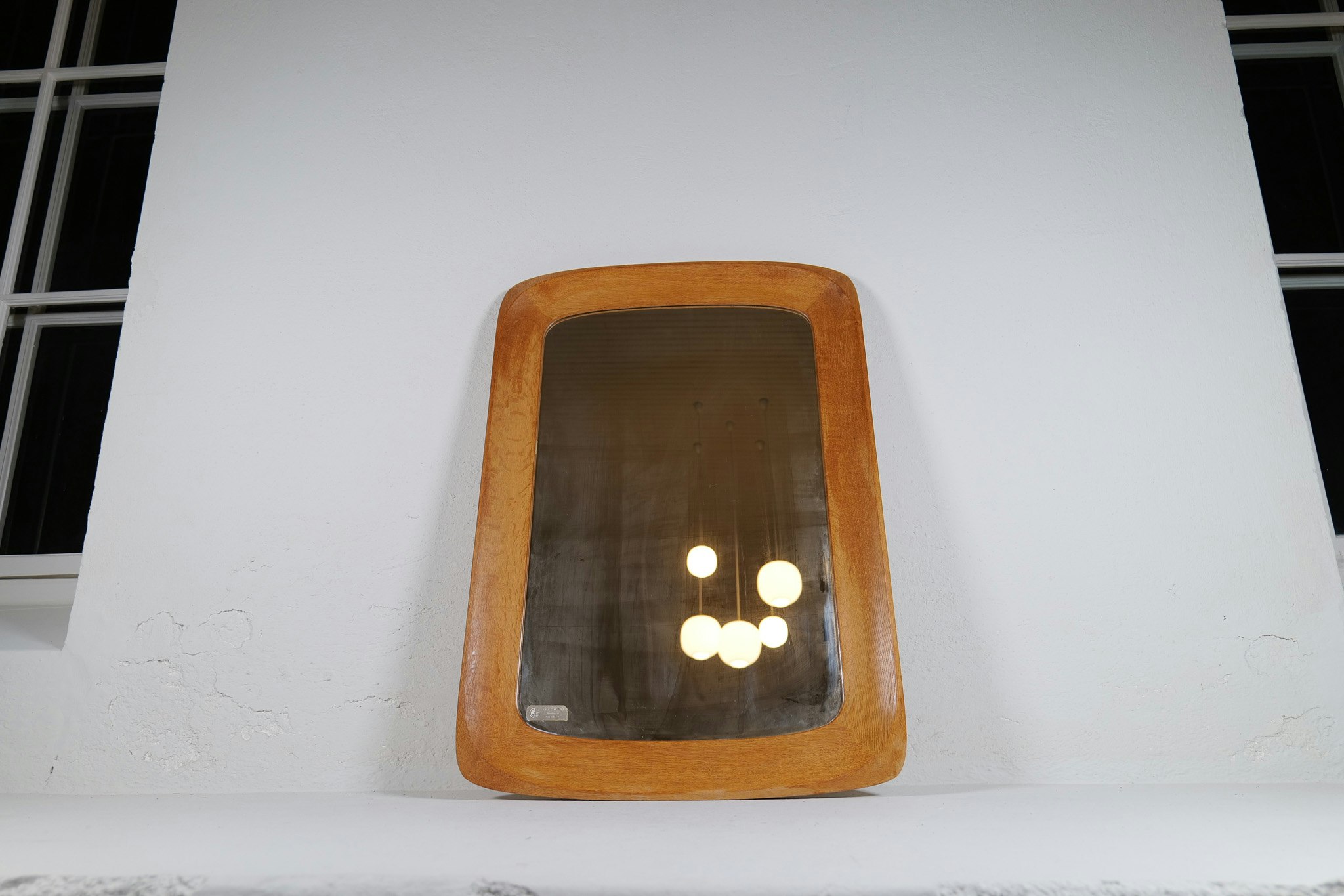 Midcentury Modern Sculptural Wall Mirror, Oak, Crystal Glass, Glas & Trä, 1960s