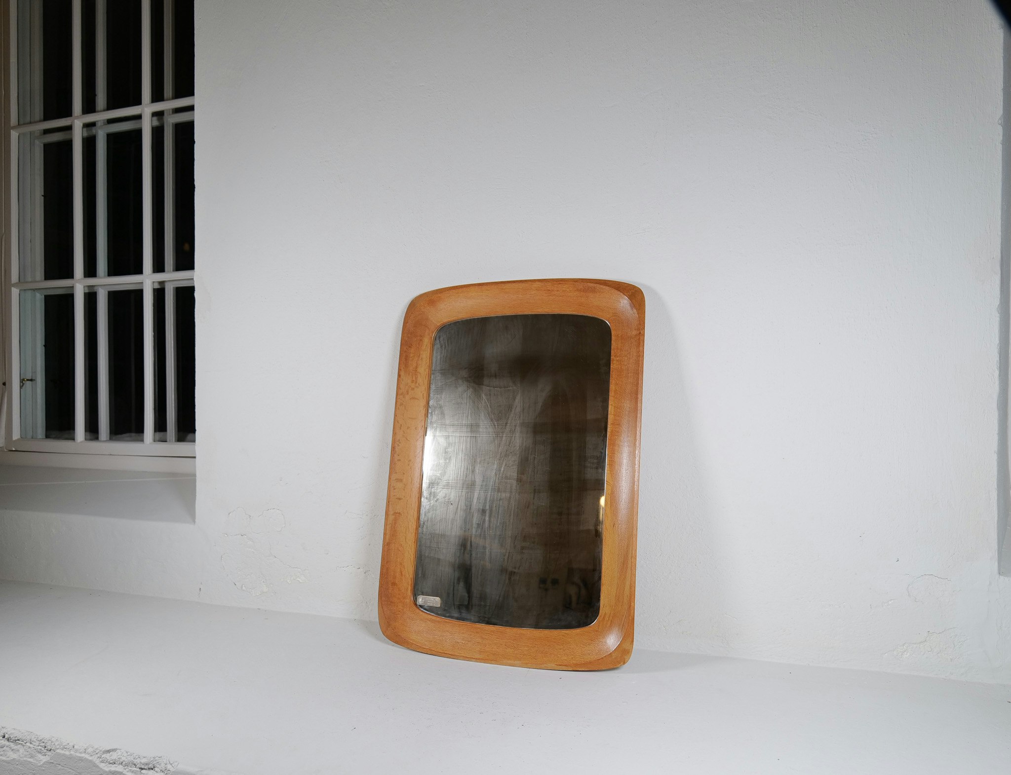 Midcentury Modern Sculptural Wall Mirror, Oak, Crystal Glass, Glas & Trä, 1960s