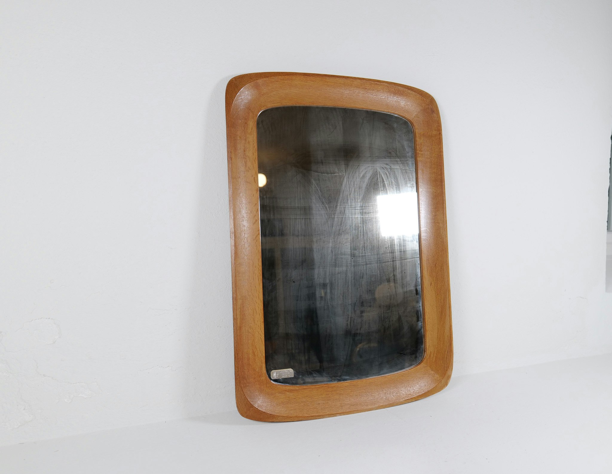 Midcentury Modern Sculptural Wall Mirror, Oak, Crystal Glass, Glas & Trä, 1960s