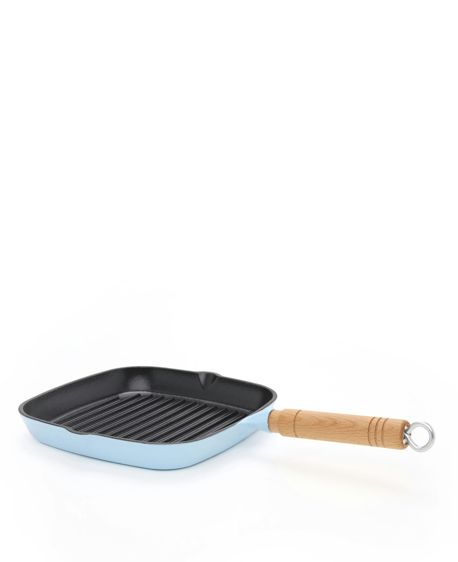 GRILLPFANNE MIT HOLZGRIFF AUS EISENARBEIT - HELLBLAU
