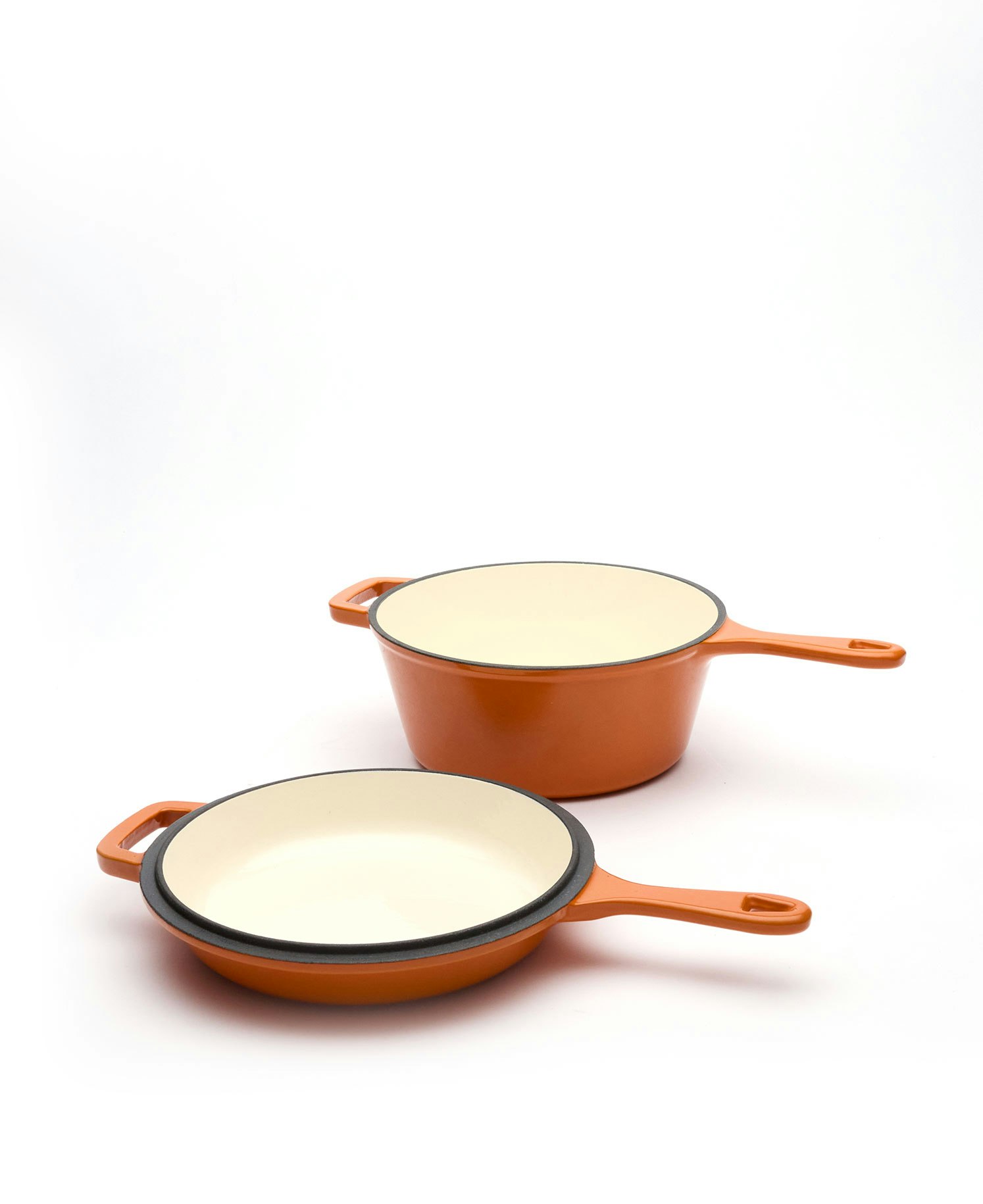 Set aus tiefer Traktorpfanne aus Gusseisen mit einer gusseisernen Bratpfanne – Naranja