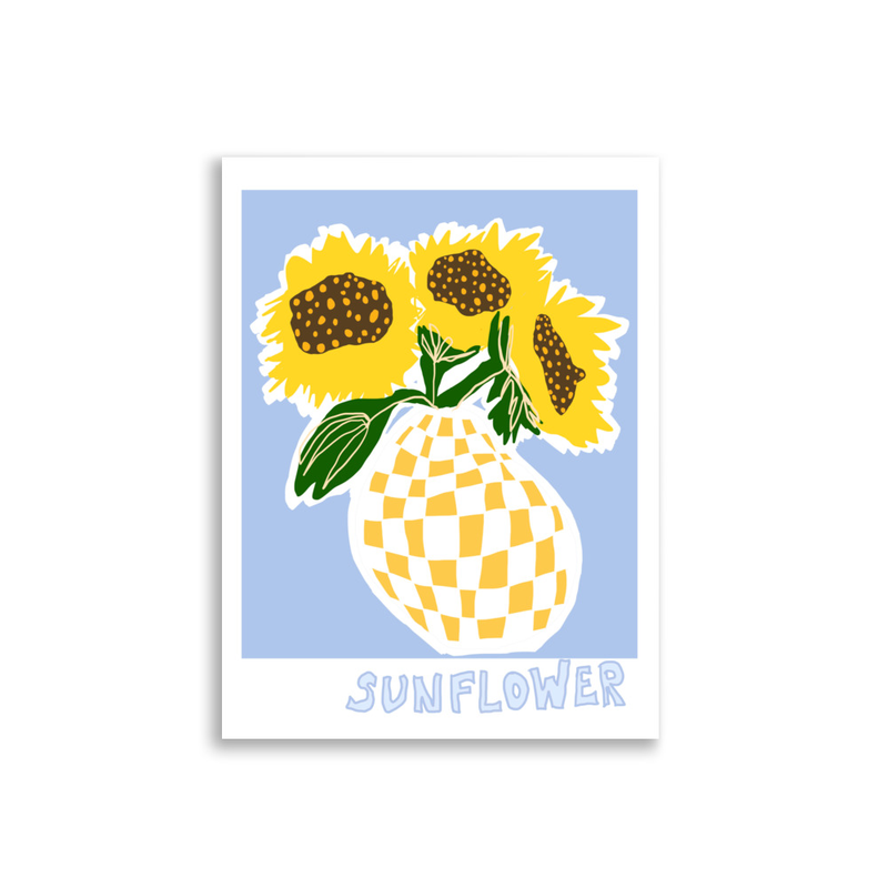 Sunflowers In Checkered Vase Blue Poster, 30x40cm - 30×40 cm
