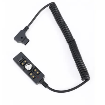 0.5-2m Coiled Male D-TAP to 3 Port Female D-Tap with USB-A 2.0 Splitter with 1/4"-20 Screw