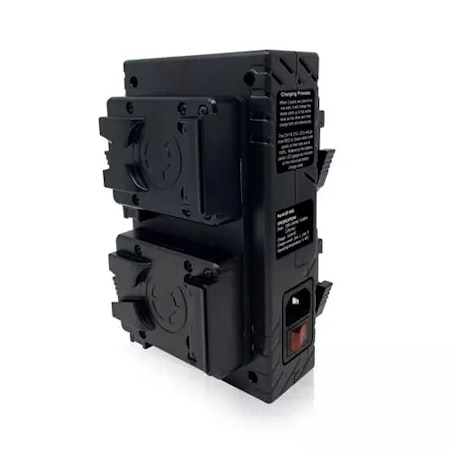 CORE Compact V-mount 4-position Fast Charger.  4hrs charger for two 98wh packs.  3A fast charge.  Upright design. 100v-240VAC input.  Includes AC Cable.