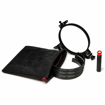Ø75mm Lens Cuff with Alcantara® pouch and inserts to adapt to 72.5mm, 70mm and 67.5mm lens barrel diameters.